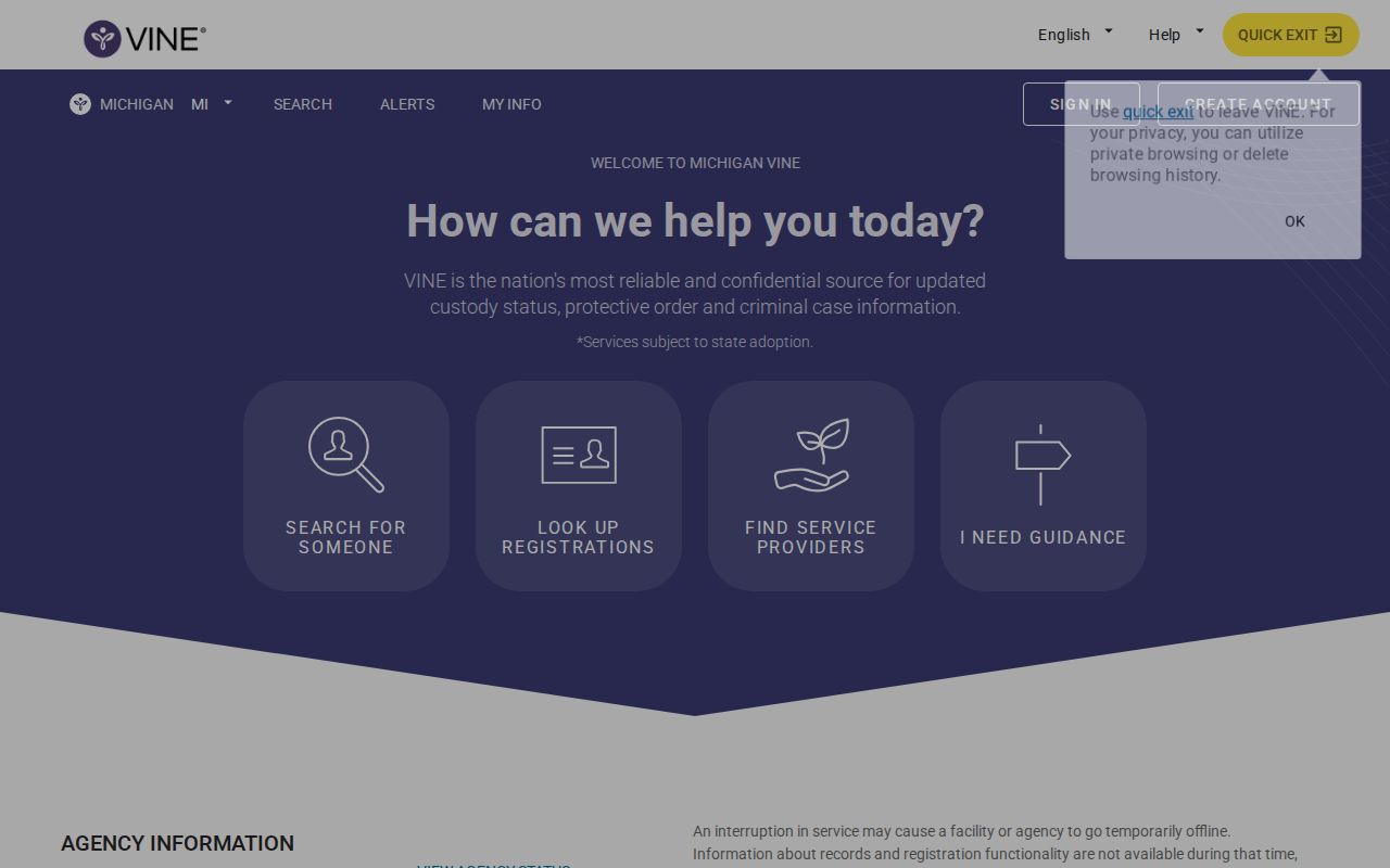 Michigan VINELink search screen for a Manistee County inmate release check
