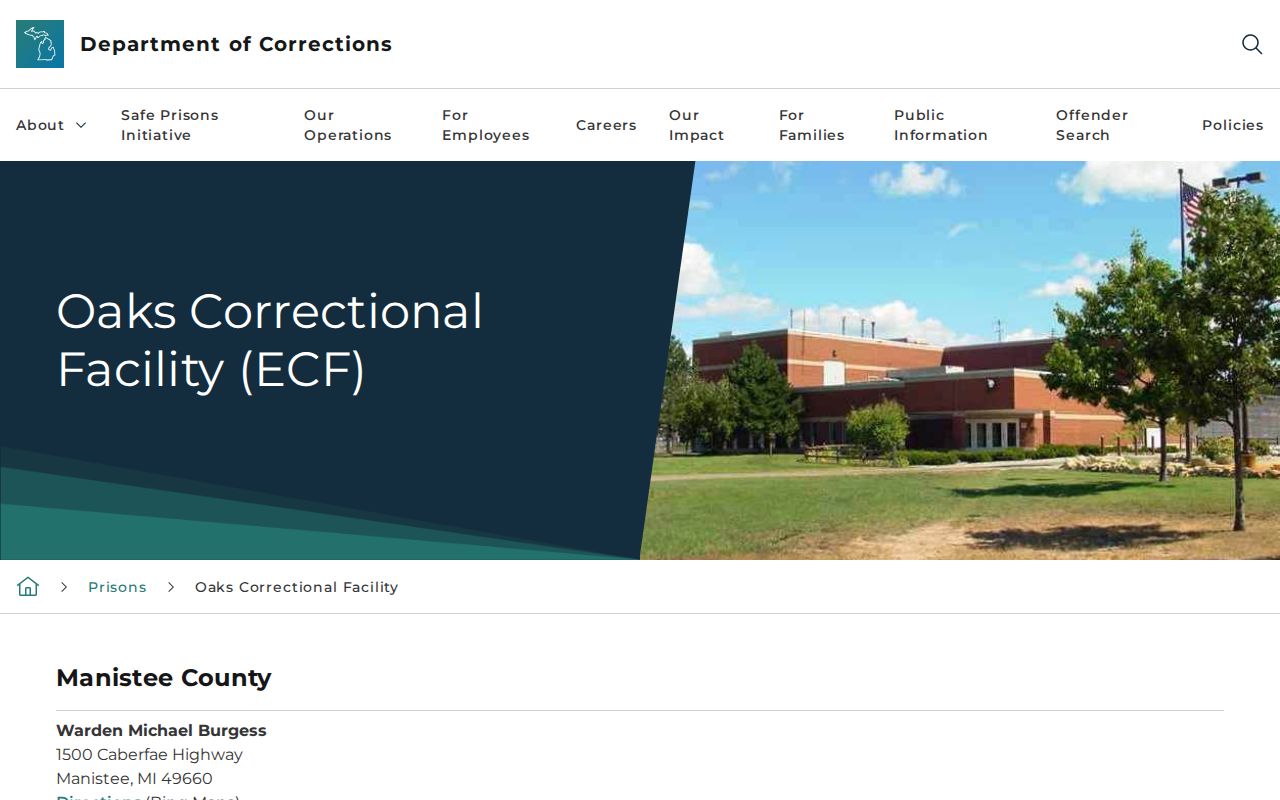Official MDOC Oaks Correctional Facility page with facility facts and programs